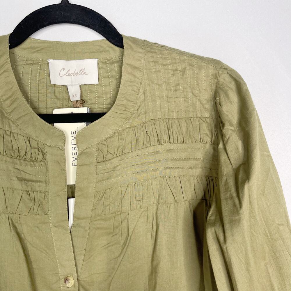 New Evereve Cleobella XS Olive Green River Blouse Puff Sleeve Button Front VNeck - Picture 4 of 14